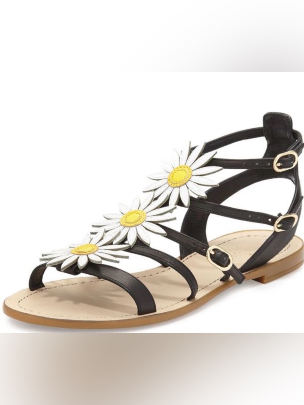 Kate Spade Collin Black Strappy Sandals with White Daisy Accents